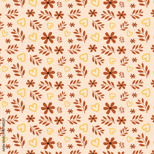 Seamless floral pattern with hearts and leaves in warm autumn colors, cozy vibes, brown, and beige