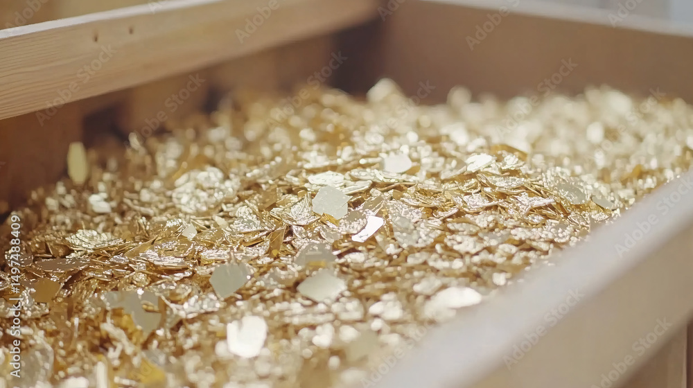 Golden Treasure A Close-Up View of a Drawer Filled with Gold Flakes Golden Treasure A Close-Up View of a Drawer Filled with Gold Flakes