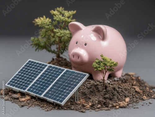 Piggy bank surrounded by tr...