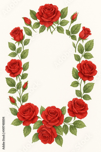 Elegant Rose Frame: An exquisite oval frame artfully crafted with vibrant red roses and lush green leaves, creating a classic and timeless floral design.