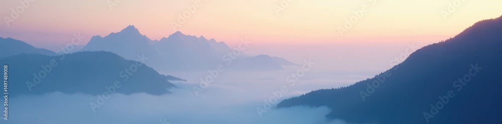 Fototapeta premium Misty peaks shrouded in soft fog, ethereal light , peaks, landscape