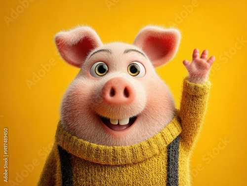 Smiling piggy bank waving, ...