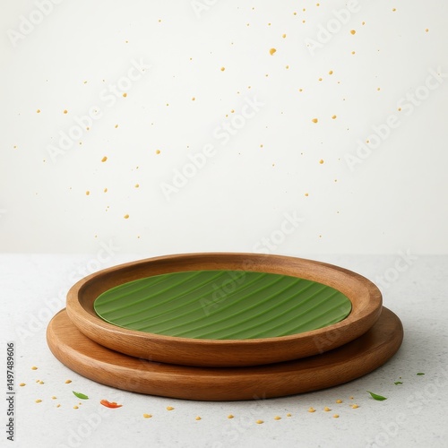 Wood plate with banana leave white background