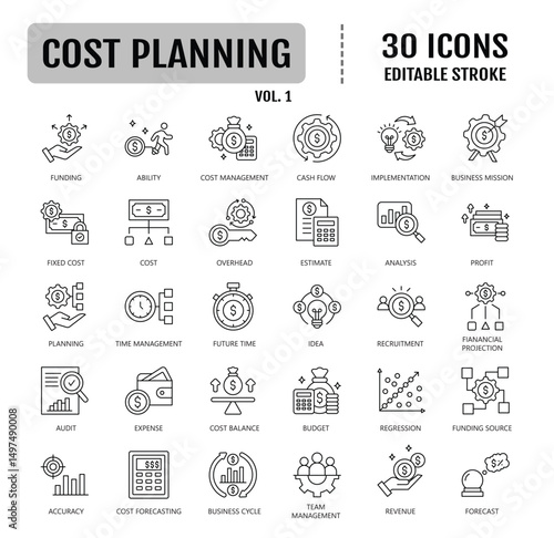 Cost planning line icon set. Editable stroke. Containing budget, expense, estimate, investment, allocation, funding icon. Vector illustration