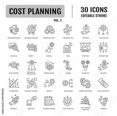 Cost planning line icon set. Editable stroke. Containing budget, expense, estimate, investment, allocation, funding icon. Vector illustration