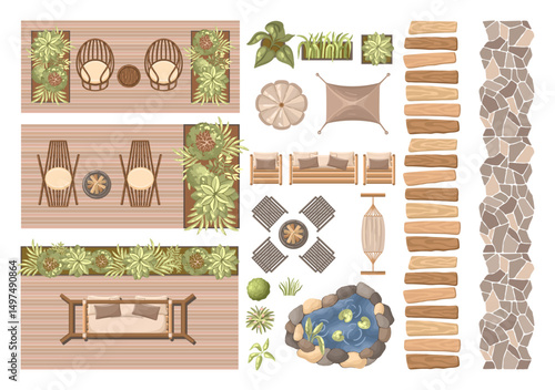 Art & IllustrationTop view backyard garden furniture, ponds and landscaping elements. Entourage design for architectural floor plans. Vector.