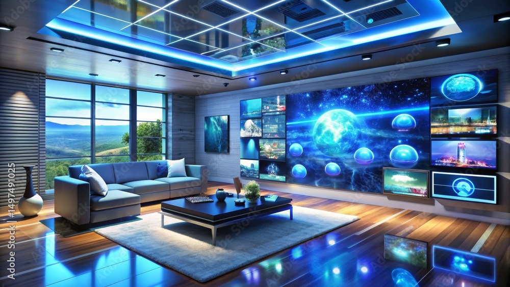 Futuristic Living Room with Blue LED Lighting and a Wall of Screens, 3D Render, Modern Interior Design, Home Theater , futuristic , livingroom , screen Futuristic Living Room with Blue LED Lighting and a Wall of Screens, 3D Render, Modern Interior Design, Home Theater , futuristic , livingroom , screen