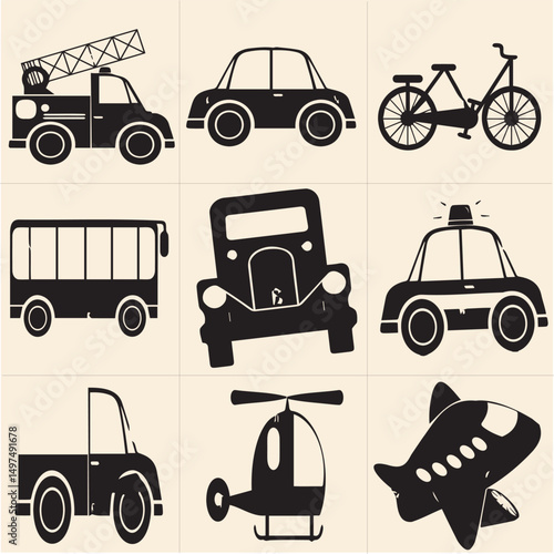 All kind of transportation icon vector Black and white set-3