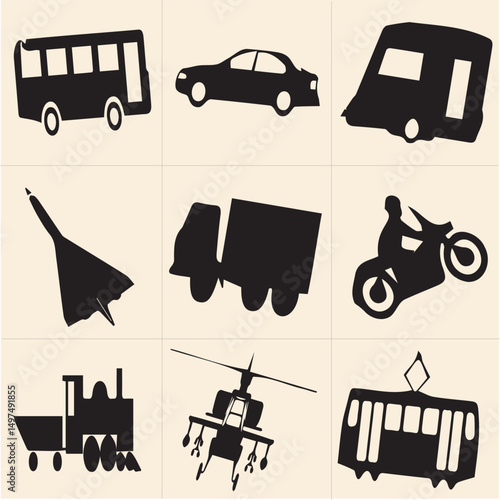 All kind of transportation icon vector Black and white set-5
