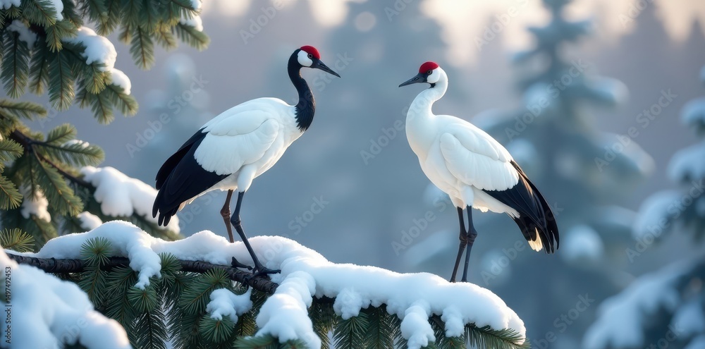 Obraz premium Two cranes perched on snow-laden pine branches, winter scene , ???, traditional, landscape