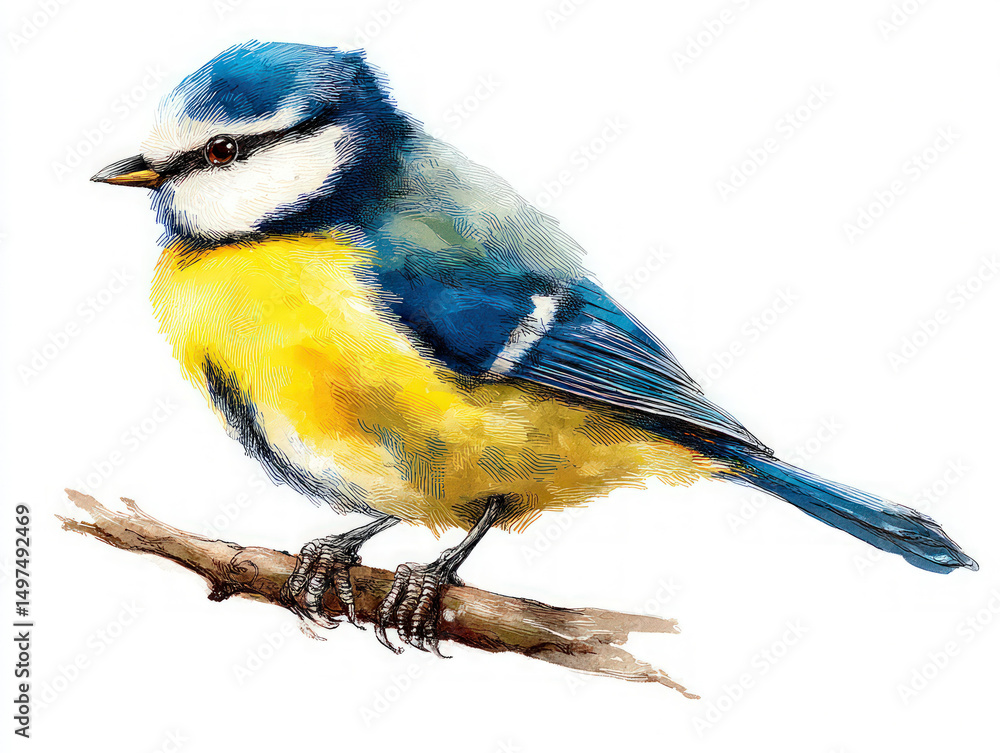 Fototapeta premium Bluetit isolated: Bright illustration or photo of a cute bluetit perched on a branch against a plain background