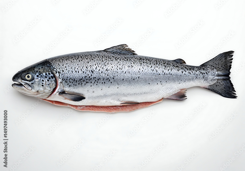 Naklejka premium Hyper-Realistic Atlantic Salmon on White Background – Fresh Raw Fish in Studio Lighting for Food Photography