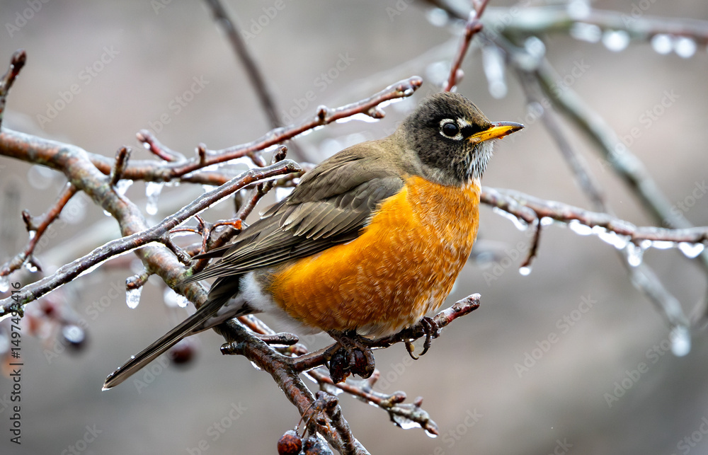 Ice robin on branch Ice robin on branch