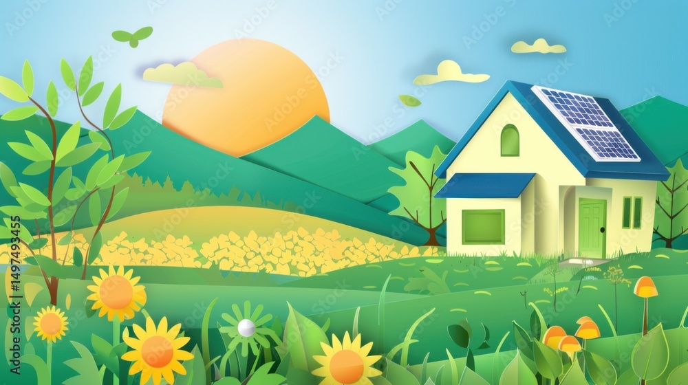 Fototapeta premium Sustainable Home with Solar Panels in a Green Landscape