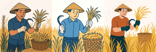 Collection of male farmers harvesting rice in the rice field, wearing hats and gloves in vector flat design style