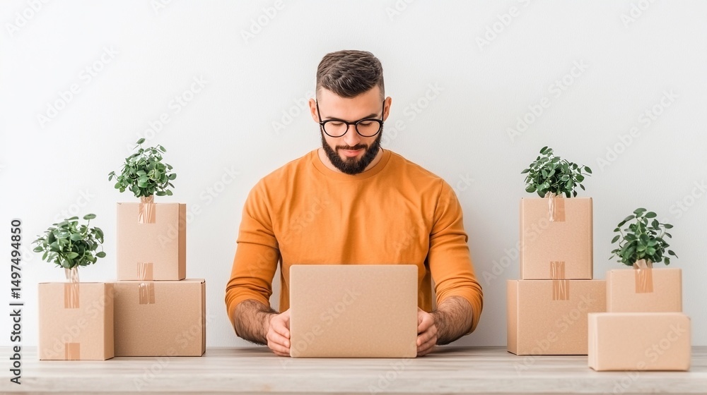 Bearded Man Using Laptop at Home Office with Plants and Cardboard Boxes Bearded Man Using Laptop at Home Office with Plants and Cardboard Boxes