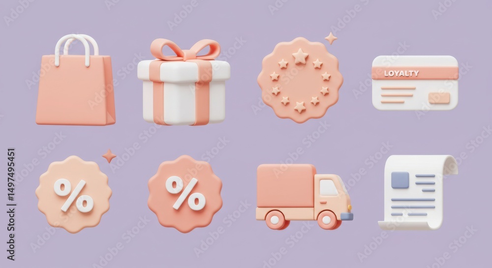 3D icons of shopping bag gift box loyalty points discount tag delivery truck receipt 3D icons of shopping bag gift box loyalty points discount tag delivery truck receipt