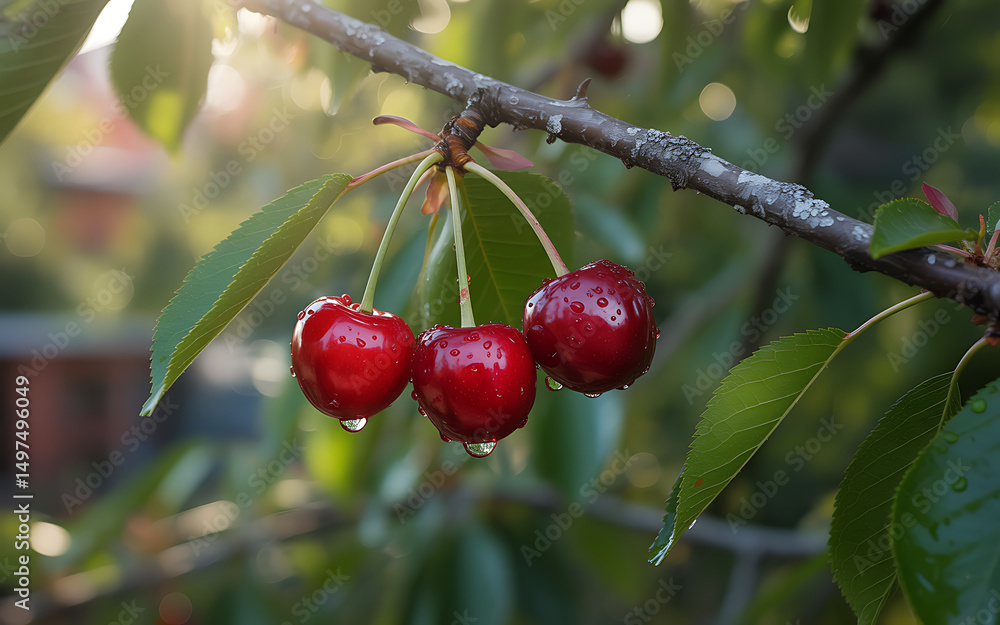 Obraz premium Fresh Ripe Cherries Hanging on Tree Branch with Dew Drops Photo.