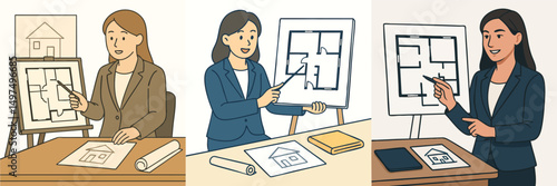Collection of female architects presenting house plans, wearing blazers and pointing at drawing board in vector flat design style