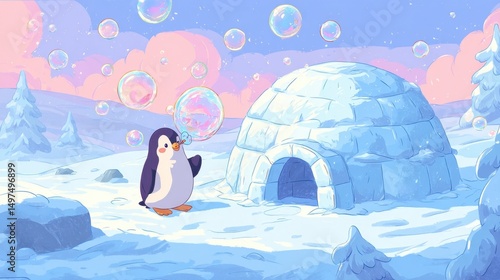 Cute Penguin Blowing Bubbles in Snow