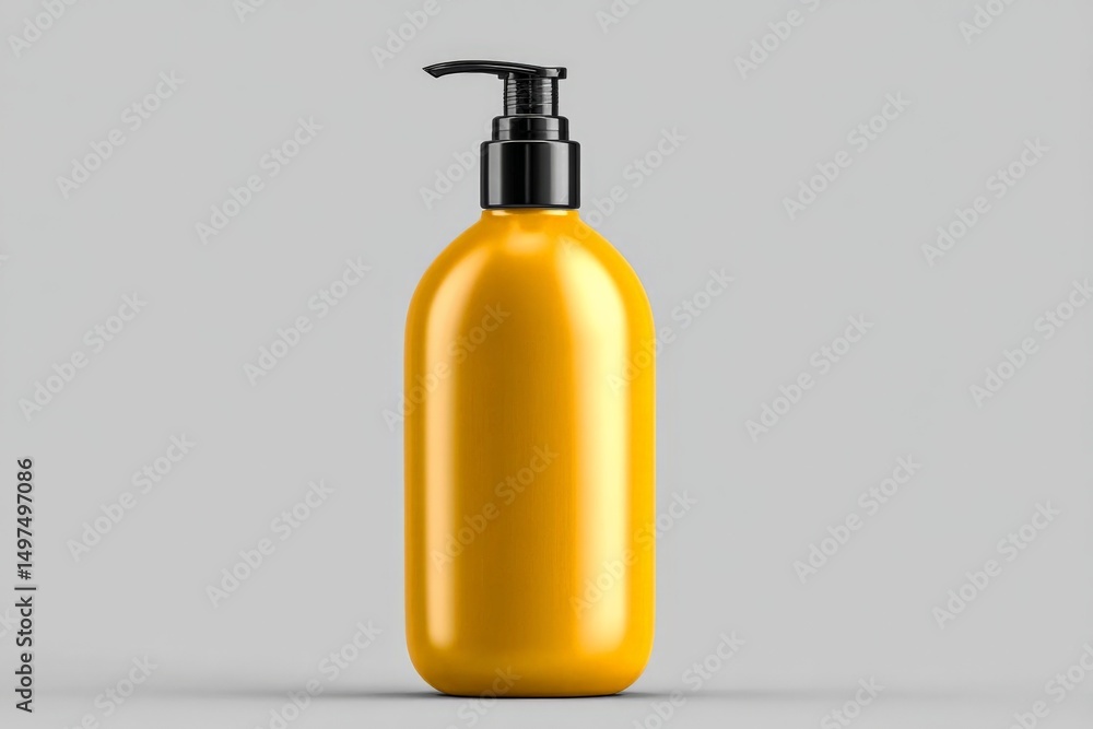 Bright yellow bottle with pump lid showcasing a sleek design for personal care products in a minimalist setting Bright yellow bottle with pump lid showcasing a sleek design for personal care products in a minimalist setting