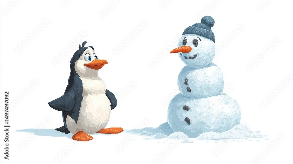 Fototapeta premium Cute Penguin with Snowman in Winter Scene