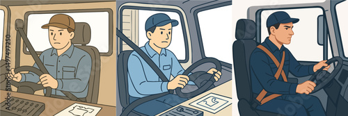 Truck Driver Collection is driving with focused expression, wearing work clothes and seat belt style vector flat design