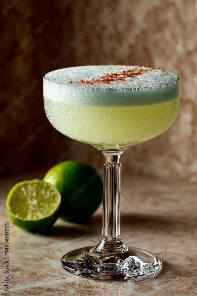 A pale yellow pisco sour in a coupe glass, crowned with a smooth, foamy top against a soft, textured backdrop.
A pale yellow pisco sour in a coupe glass, crowned with a smooth, foamy top against a soft, textured backdrop.