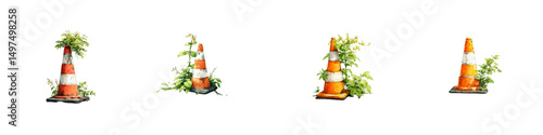 Traffic cones surrounded by green plants in a creative scene