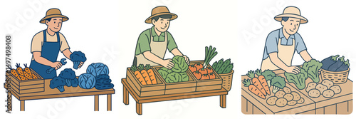 Collection of vegetable sellers in the market are arranging their goods, wearing hats and aprons in vector flat design style