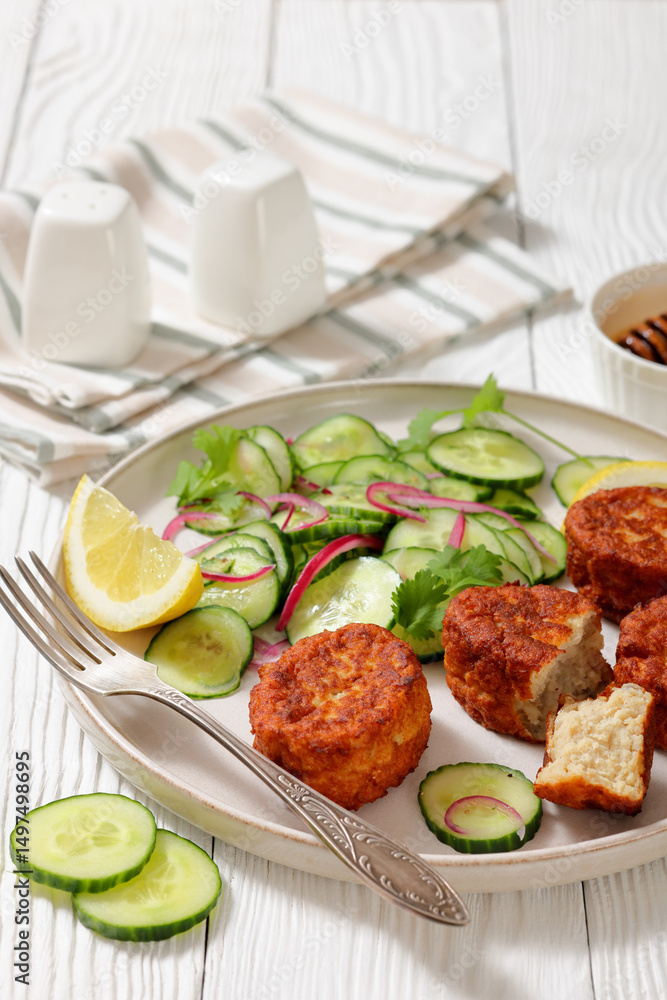 dutch fish cakes with cucumber salad on a plate dutch fish cakes with cucumber salad on a plate