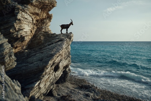 Mountain goat stands majestically on rocky cliff overlooking the serene sea during sunset