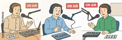 Collection of Male radio announcer talking into microphone in studio, wearing casual shirt and big headphones style vector flat design