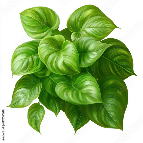 Lush green leaves of a tropical plant showcasing vibrant colors and smooth textures on a white background