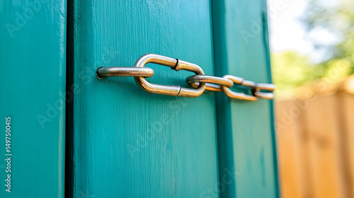 Close-up of a golden chain securing a turquoise wooden door or entrance