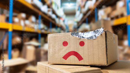 Torn shipping label on cardboard box symbolizing order cancellations, logistics problems, failed delivery and ecommerce return concept	 