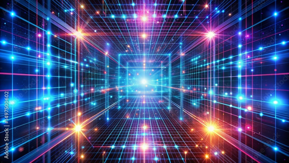 Fototapeta premium Neon Grid Tunnel, 3D, Abstract, Technology, Digital Art
