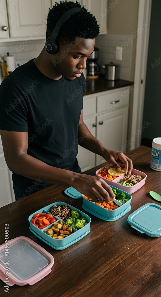 Young Black man assembling vegan meal prep at night Young Black man assembling vegan meal prep at night
