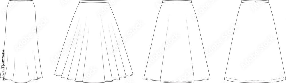 Εκτύπωση καμβά Editable technical fashion vector flats of four skirt styles: bias-cut skirt, full circle skirt, half circle skirt, and A-line