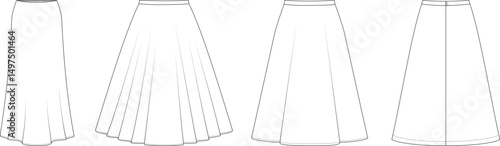 Editable technical fashion vector flats of four skirt styles: bias-cut skirt, full circle skirt, half circle skirt, and A-line. For apparel design, tech packs, and fashion production. 