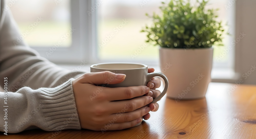 Cozy Morning Woman's Hands Wrapped Around a Warm Mug of Coffee or Tea Cozy Morning Woman's Hands Wrapped Around a Warm Mug of Coffee or Tea