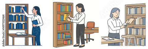 Collection Female librarian is arranging books on the shelf, wearing white shirt and trousers style vector flat design