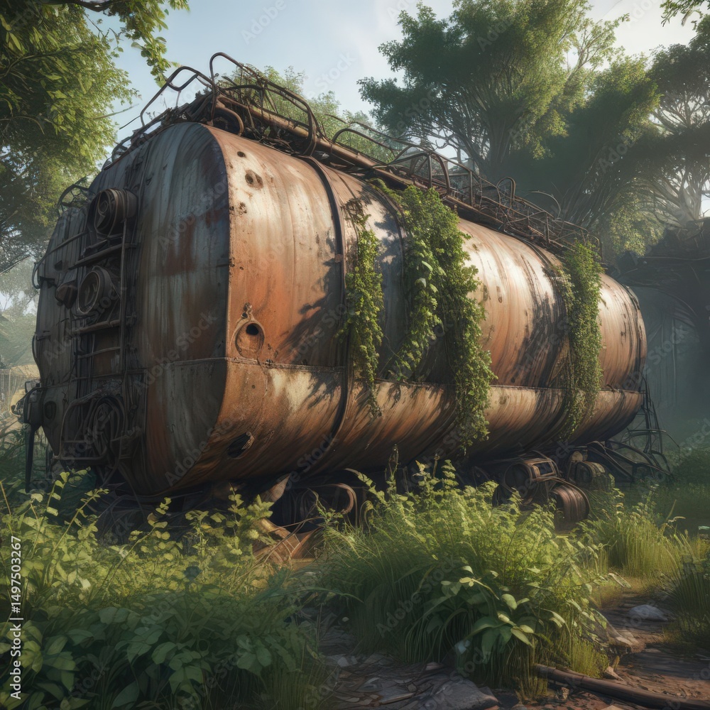 Fototapeta premium Overgrown vines, corroded machinery, leaking tank, ruin, atmospheric