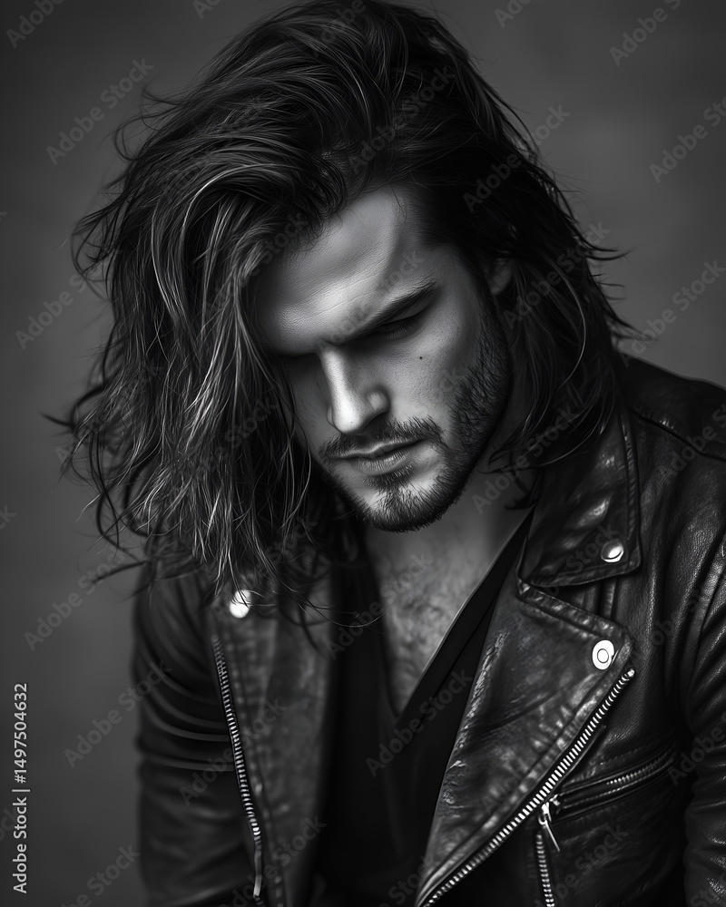 Dramatic black and white portrait of a young man with long hair and intense expression, wearing a leather jacket in a moody studio setting. Dramatic black and white portrait of a young man with long hair and intense expression, wearing a leather jacket in a moody studio setting.