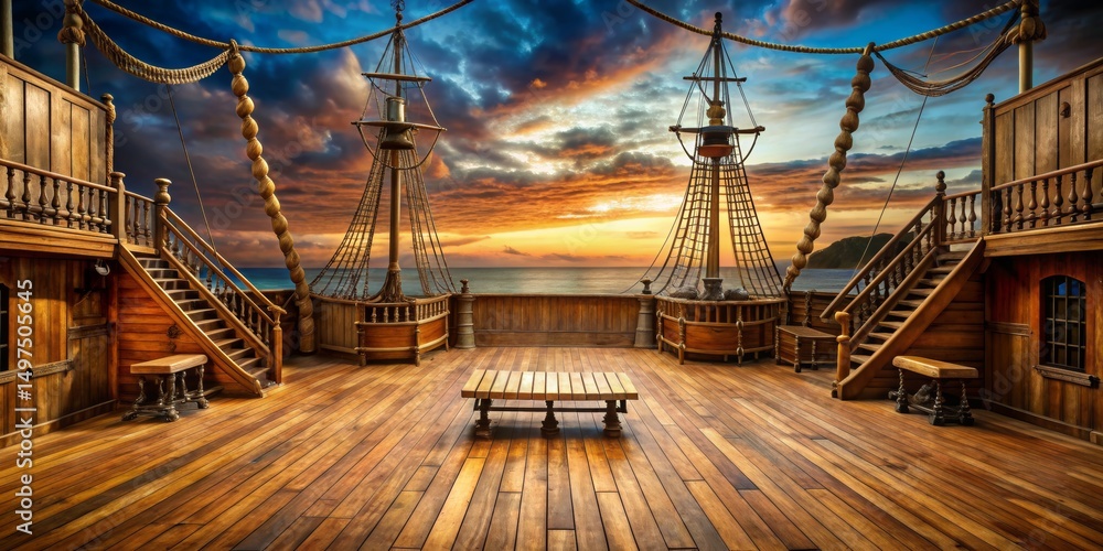Fototapeta premium The Captain's View Sunset on the Deck of a Wooden Galleon, sunset , golden hour , pirate ship , galleon