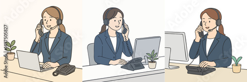 Collection of Female receptionist answering phone at desk, wearing dark blue blazer and headset style vector flat design