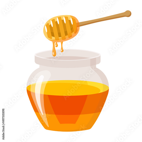 Glass honey jar with honey dipper - vector isolated on white.