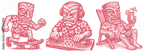 Vector set: three cool tiki characters skateboarding, DJing with headphones, and relaxing with a cocktail. Fun, quirky, hand-drawn sketch style for summer.