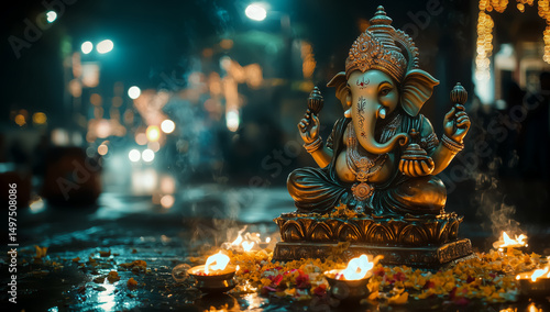 Ganesh idol adorned with flowers and lamps in a festive setting during evening celebrations