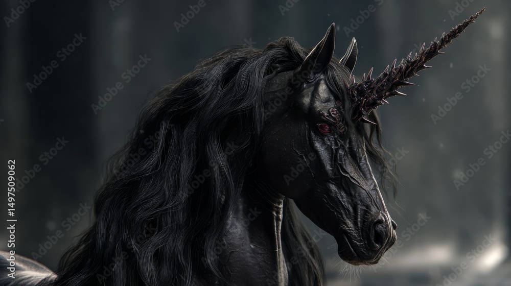Obraz premium a black unicorn with red eye at evil black forest, fantasy character